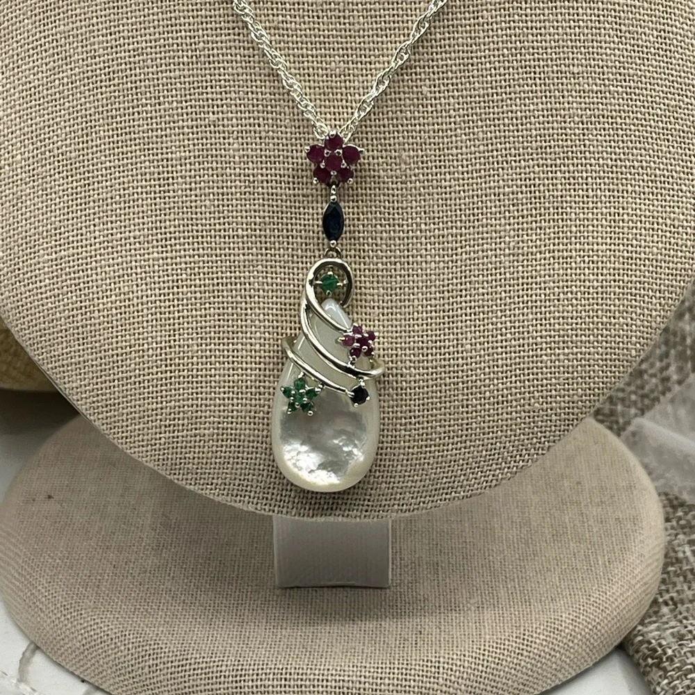 Vintage Sterling Silver Mother of Pearl & Gemstone Pendant